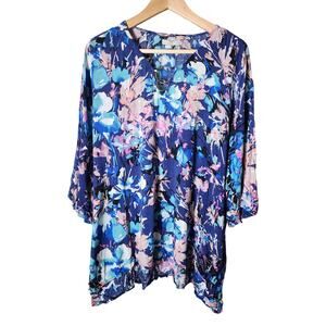 DANA BUCHMAN Blue Gold Accent Loose Fitting Flowing Casual Top SZ XXL